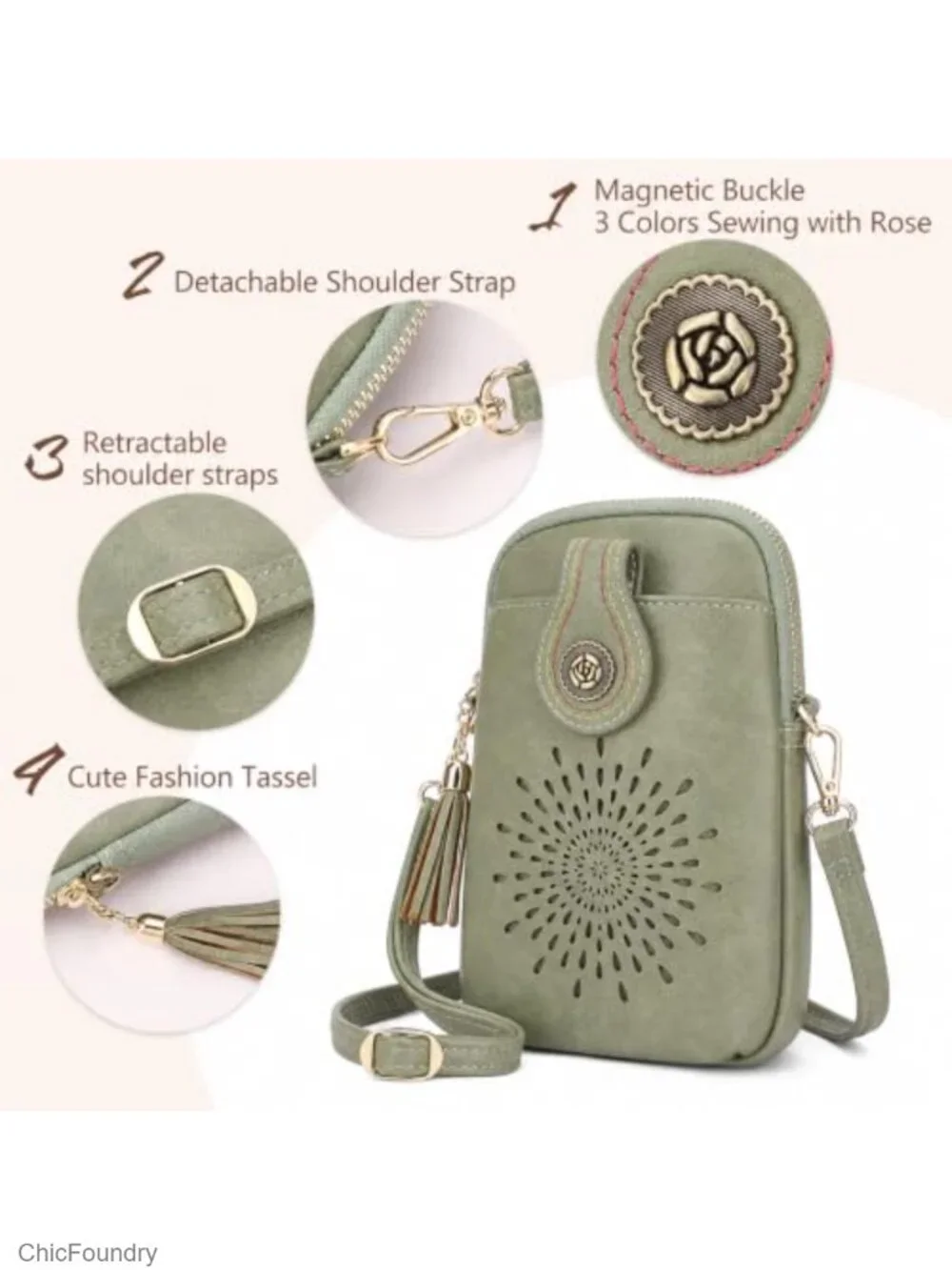 Small Vegan Leather Crossbody Bag with Tassel, Phone Purse